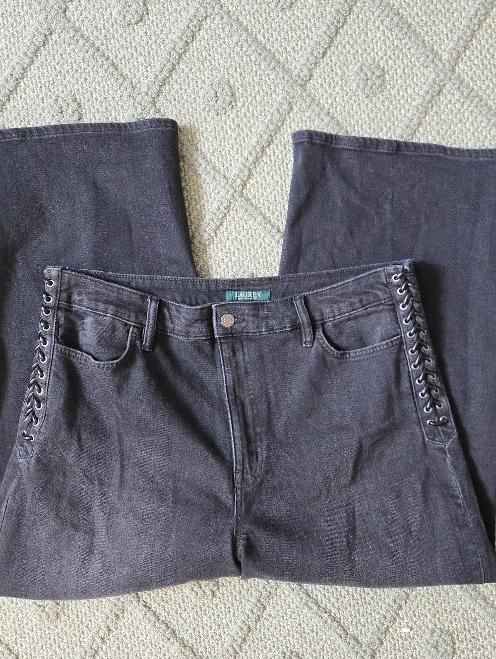 Cropped black denim jeans with lace-up hips, wide leg | Lauren by Ralph Lauren